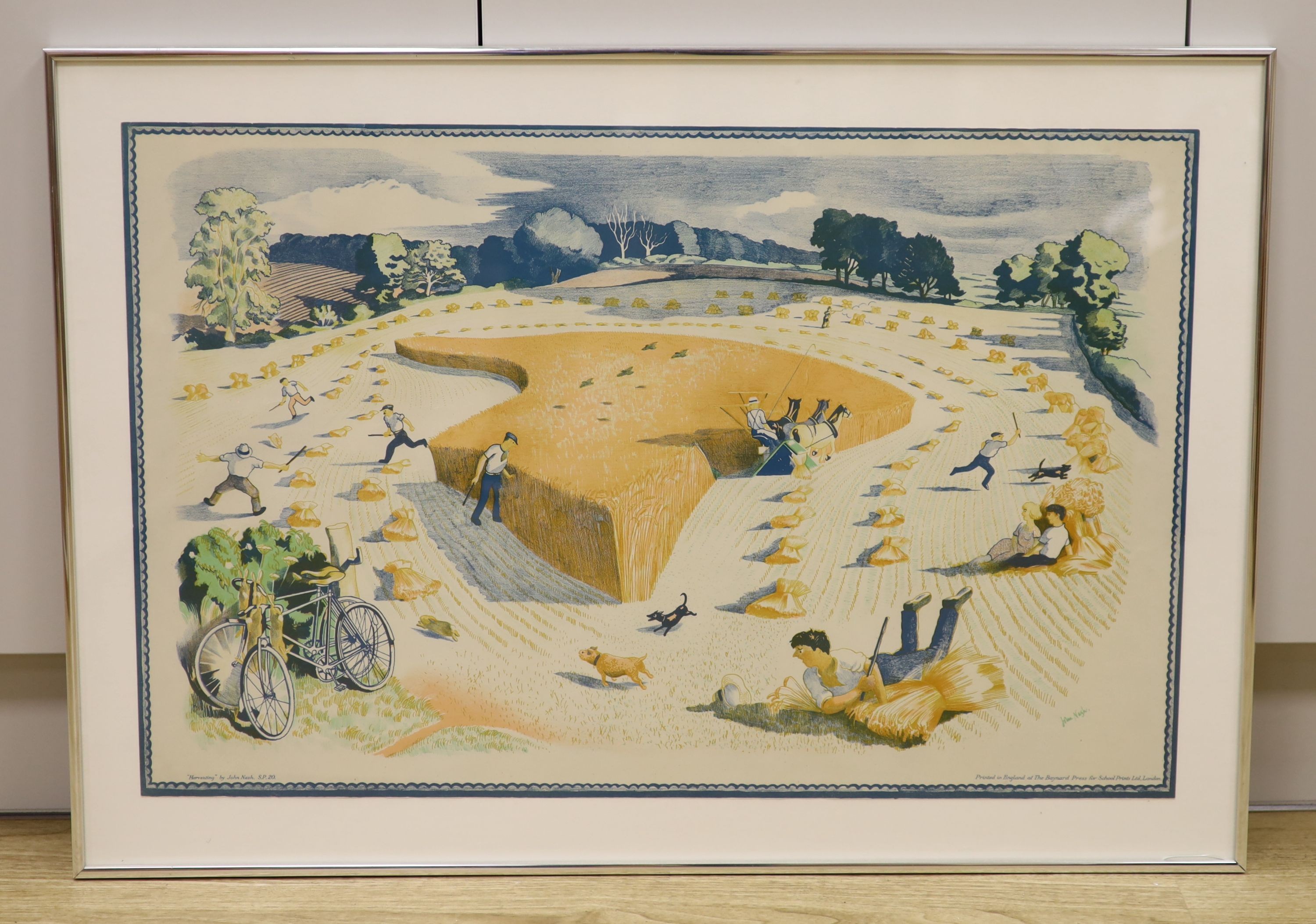 John Nash (1893-1977), School print lithograph, 'Harvesting', S.P. 20, second series, nos 20, Baynard Press, 49.5 x 76cm